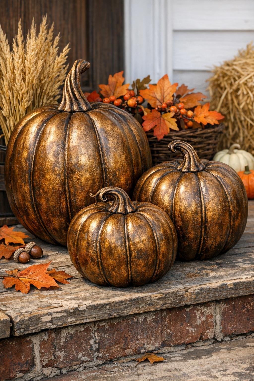Finished faux bronze harvest urn pumpkins displayed as a trio
