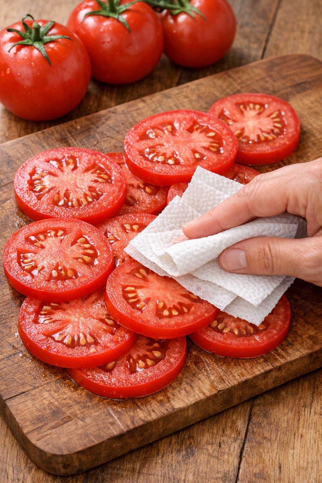 Fresh tomato slices being patted dry on a cutting board