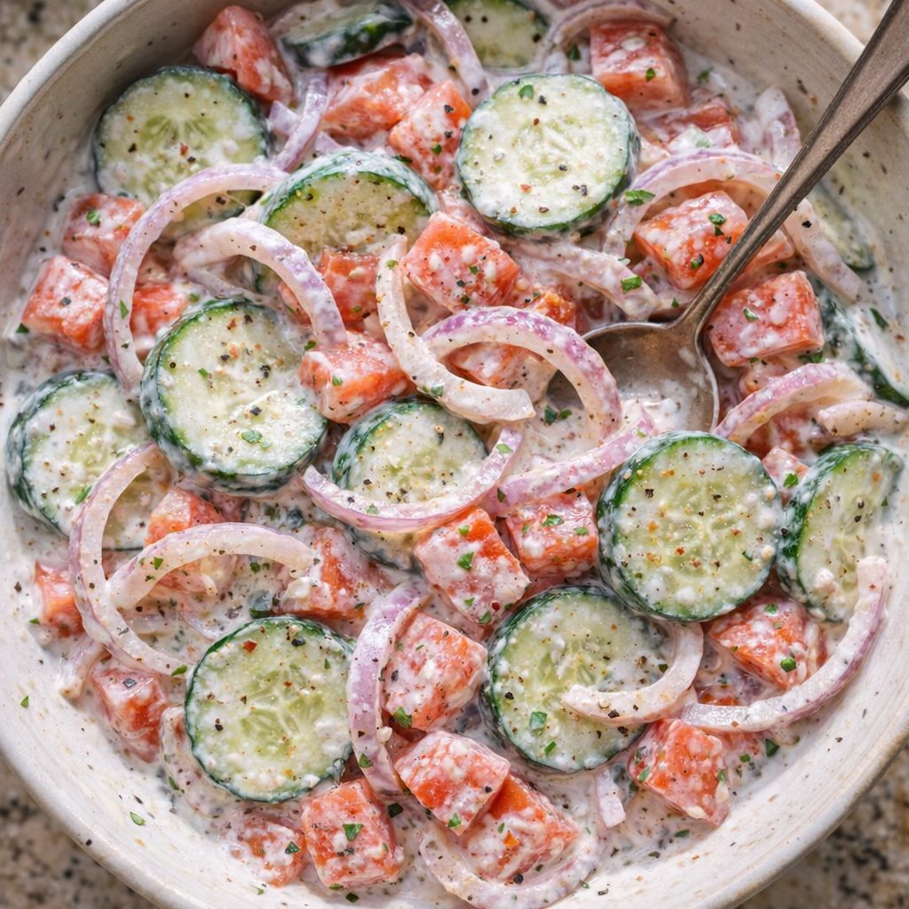 Creamy variation of cucumber tomato onion salad
