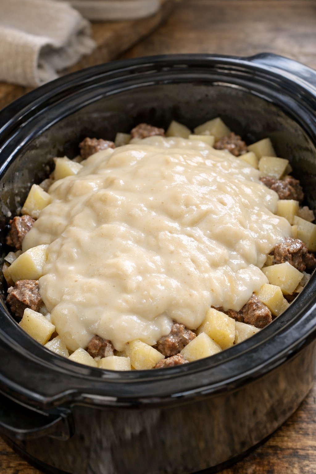 Condensed soup spread over beef and potatoes in the slow cooker