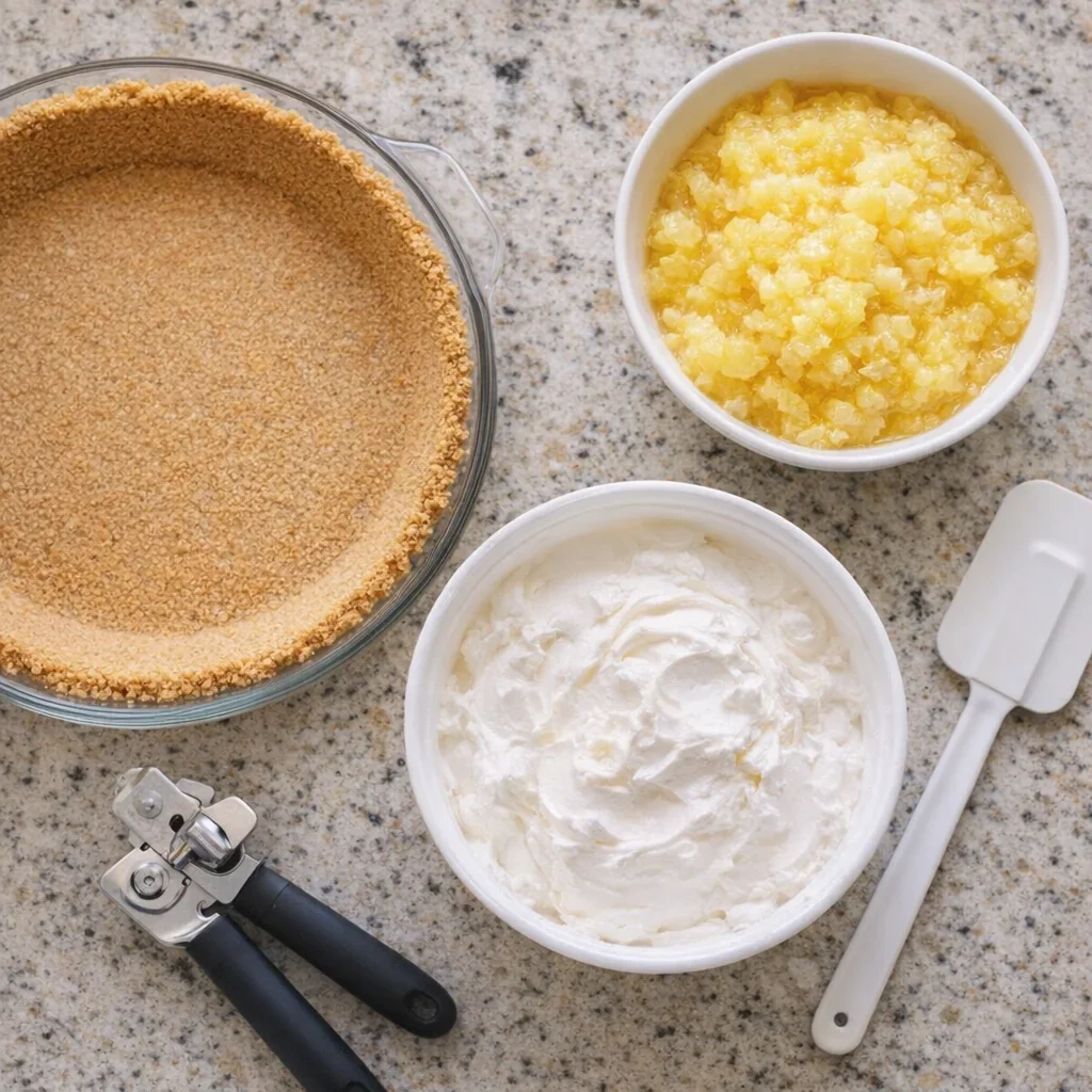 Simple pineapple fluff pie ingredients on a kitchen counter