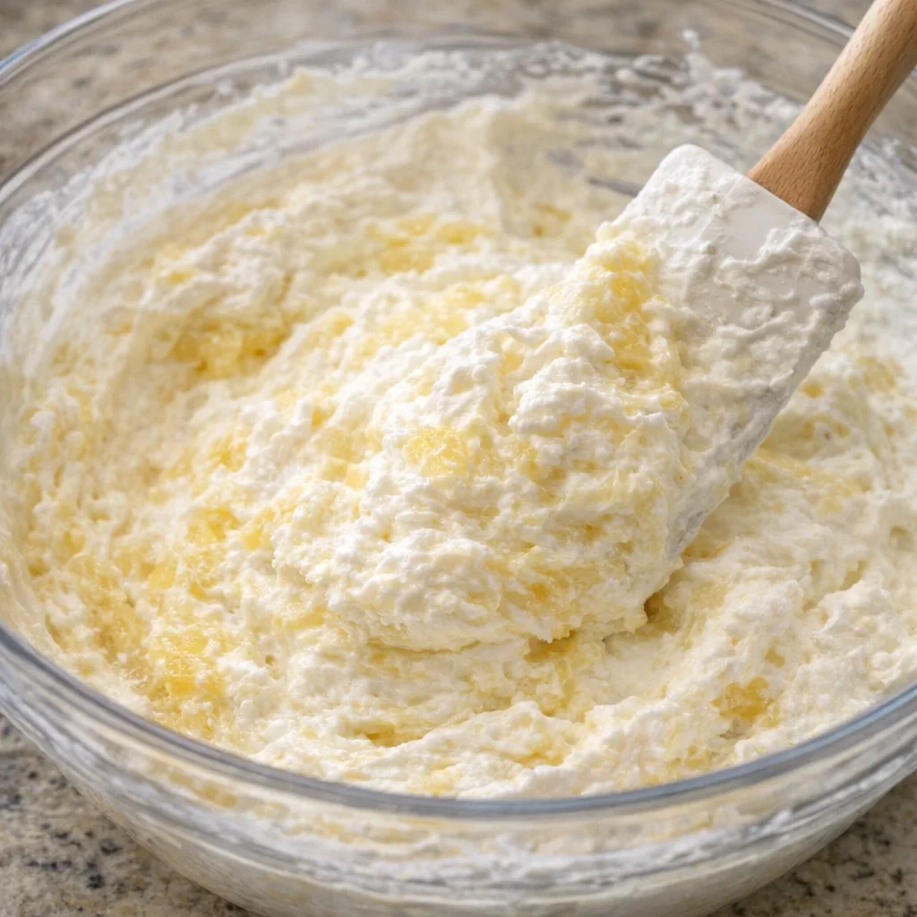 Pineapple being folded into whipped topping