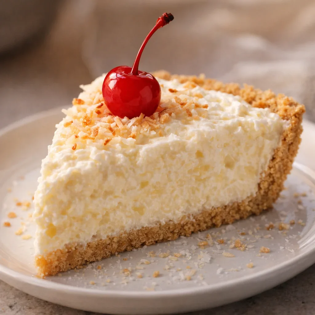 Pineapple fluff pie slice topped with cherry and toasted coconut