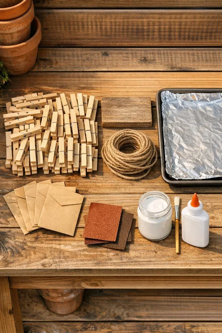 Materials for a baked clothespin seed envelope holder laid out on a work surface