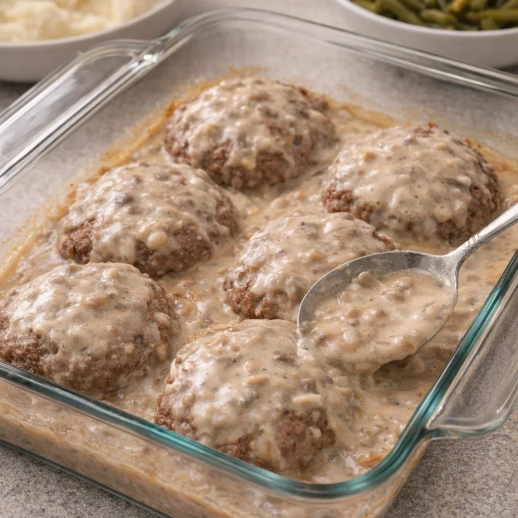 Creamy baked poor man’s steak in a glass dish