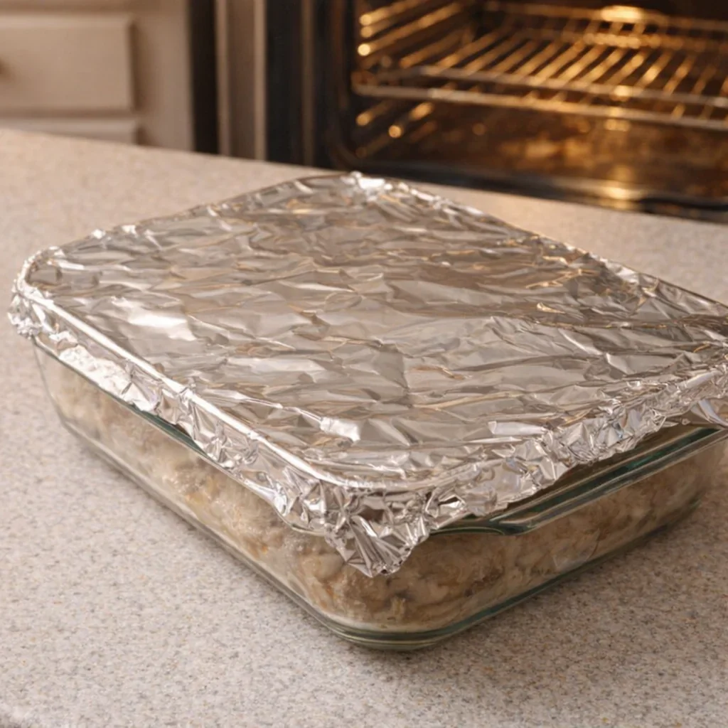 Foil-covered baking dish ready for the oven