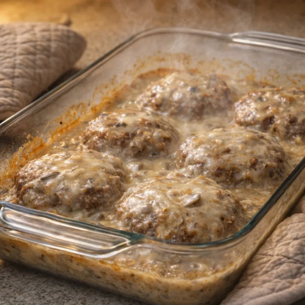 Baked patties with bubbling gravy fresh from the oven
