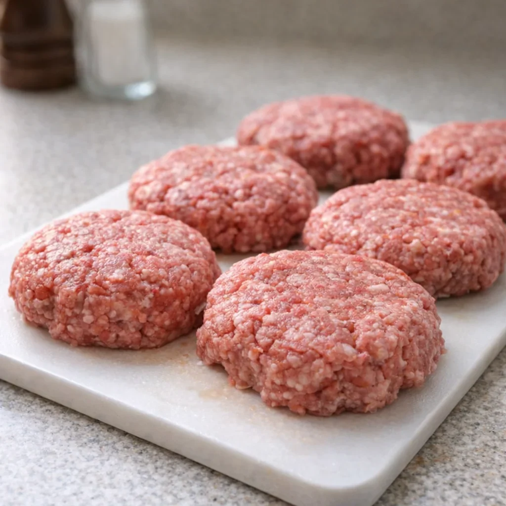 Hand-shaped raw beef patties on a tray