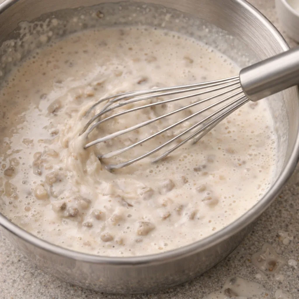 Creamy mushroom sauce being whisked in a bowl