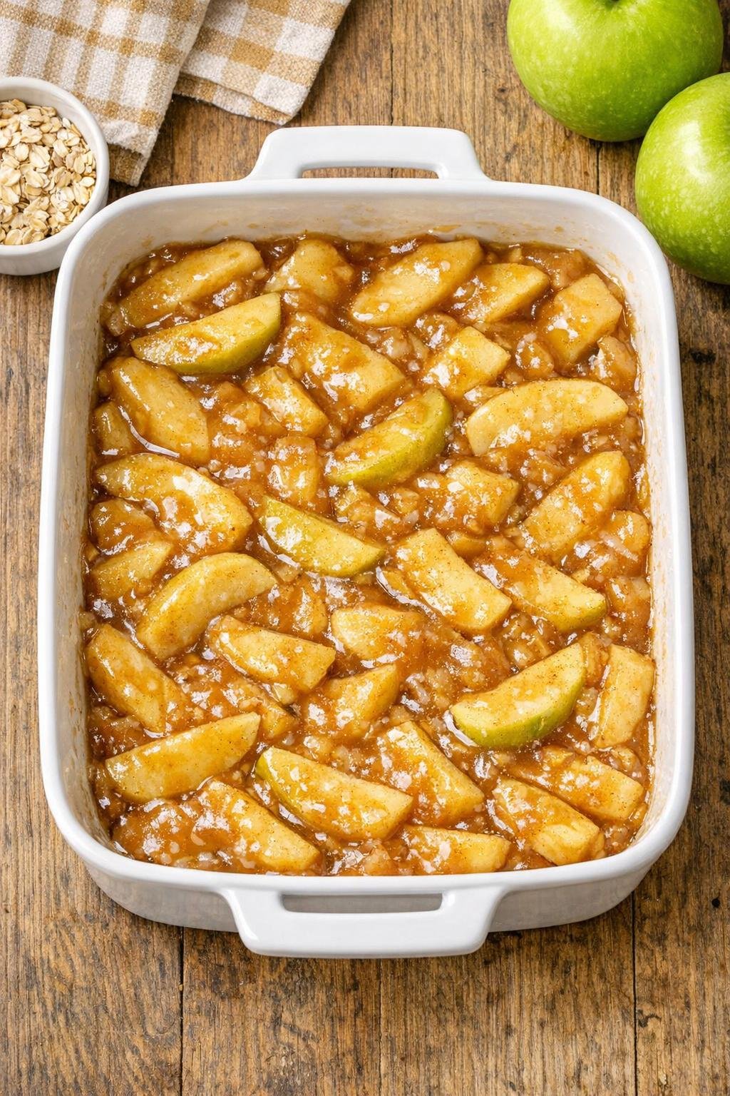 Apple pie filling spread in a ceramic casserole dish