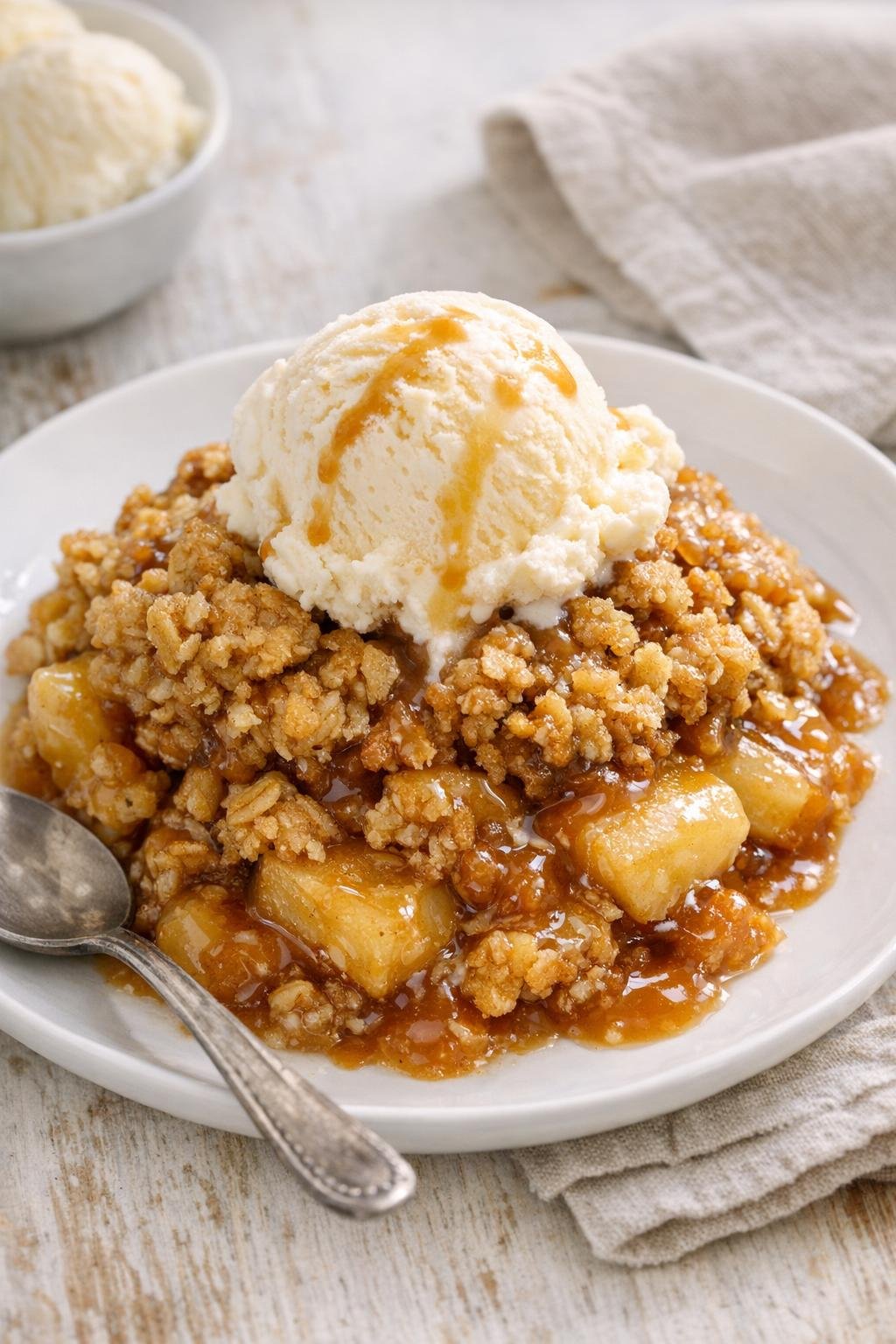 Warm caramel apple crisp served with vanilla ice cream