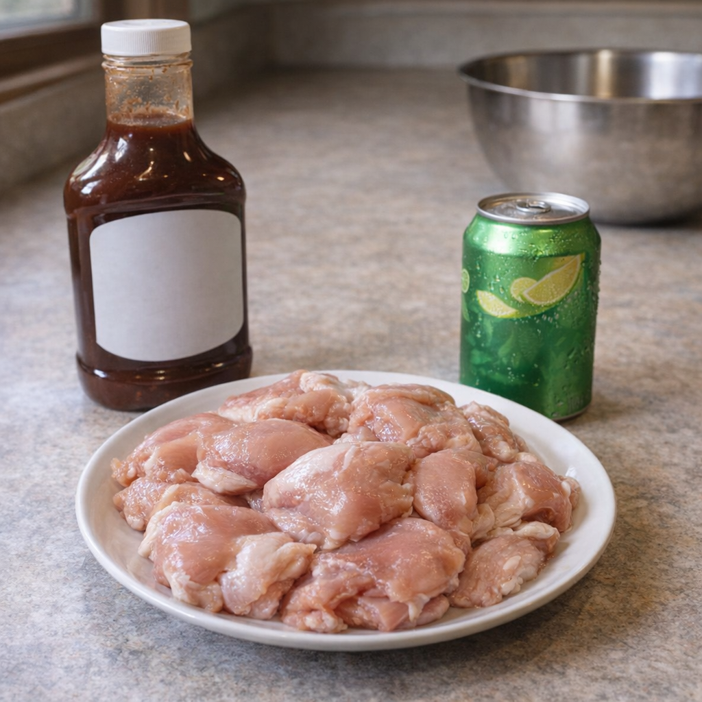 Three simple ingredients for church supper chicken arranged on a kitchen counter